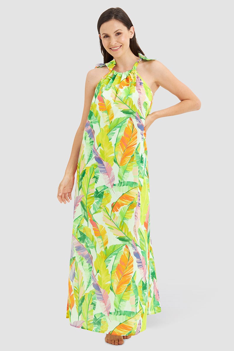 Frontalbild von Strandkleid im tropischen Blätter-Druck Maxi-Länge 100% Baumwolle