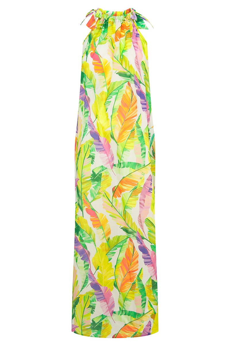 Hollowbild von Strandkleid im tropischen Blätter-Druck Maxi-Länge 100% Baumwolle