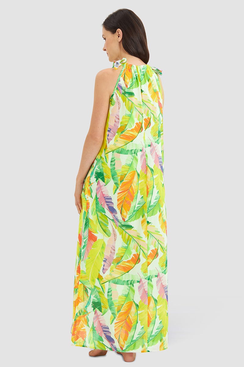 Rückansicht von Strandkleid im tropischen Blätter-Druck Maxi-Länge 100% Baumwolle