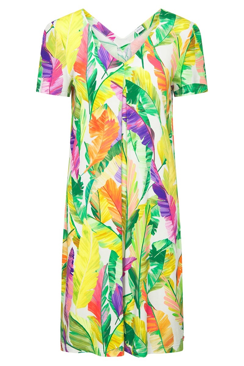 Hollowbild von Strandkleid Kurzarm im tropischen Blätter-Druck Viskose/Elasthan