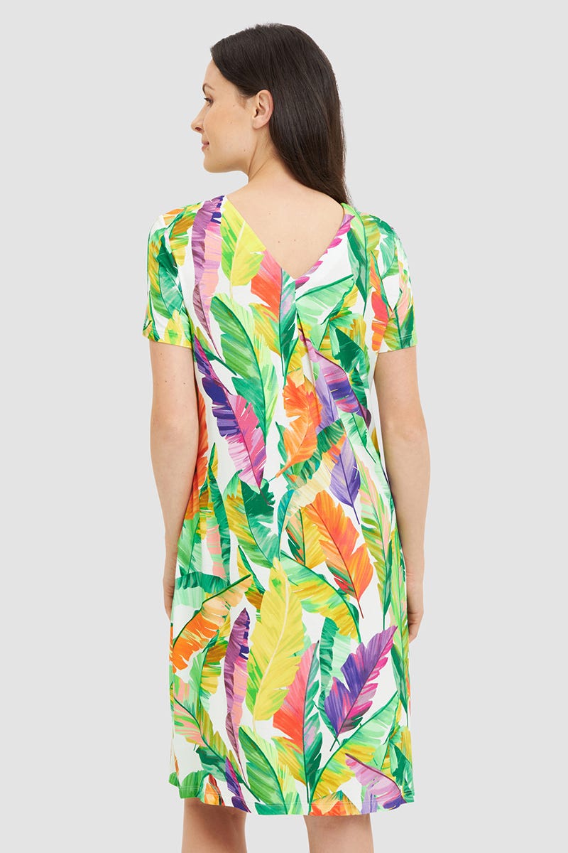 Rückansicht von Strandkleid Kurzarm im tropischen Blätter-Druck Viskose/Elasthan