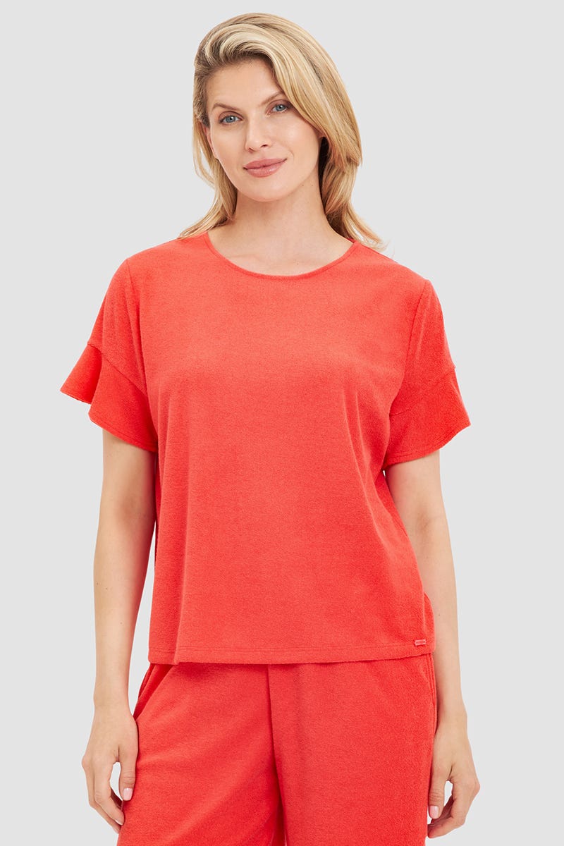 Frontalbild von T-Shirt aus sommerlichen Frottee in Koralle Baumwolle/Polyester