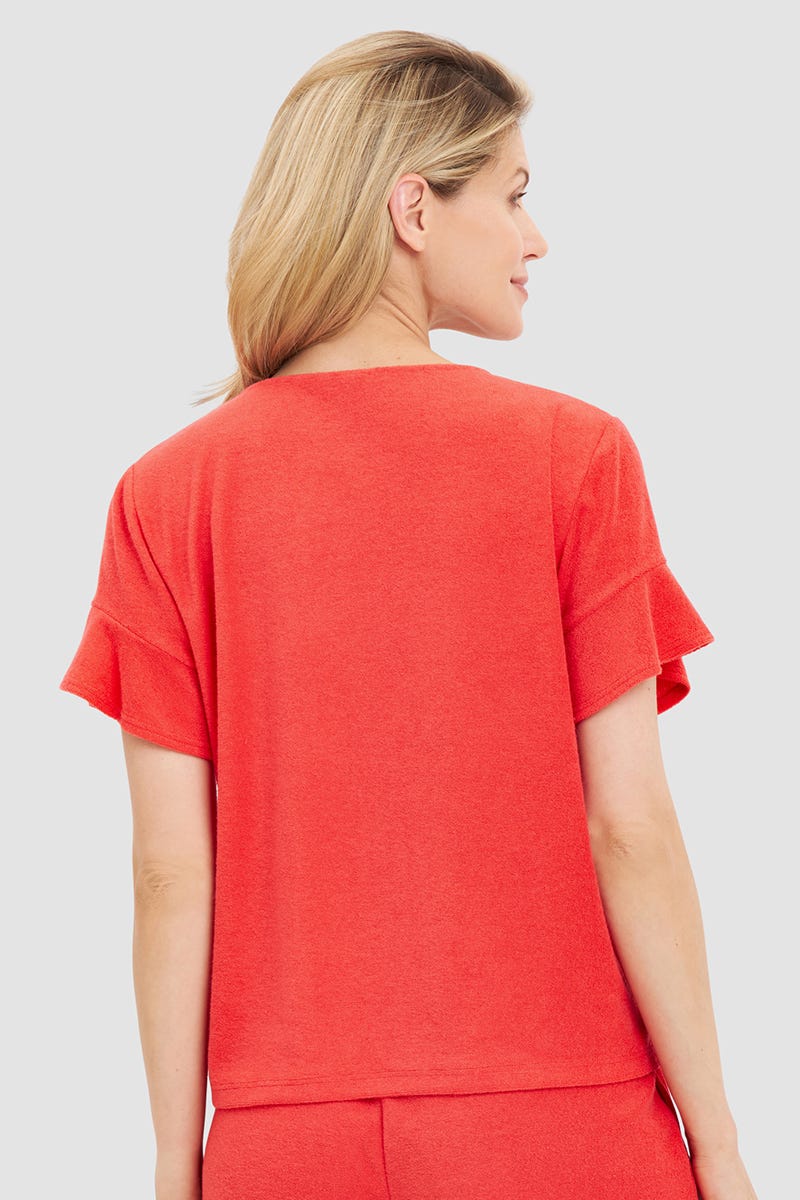 Rückansicht von T-Shirt aus sommerlichen Frottee in Koralle Baumwolle/Polyester