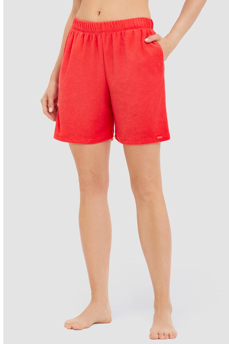 Frontalbild von Shorts aus sommerlichen Frottee in Koralle Baumwolle/Polyester