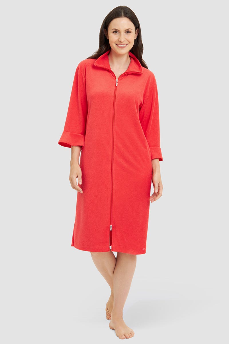 Frontalbild von Morgenmantel aus sommerlichen Frottee in Koralle Baumwolle/Polyester