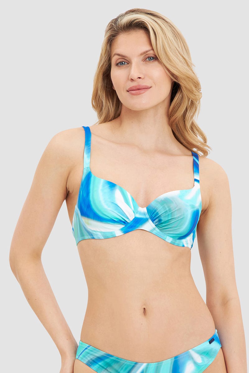 Frontalbild von Bikini Top im Batik-Style Meeresblau