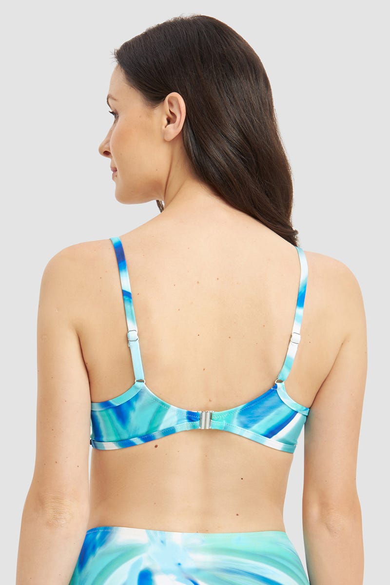 Rückansicht von Bügel-Bikini Top im Batik-Style Meeresblau