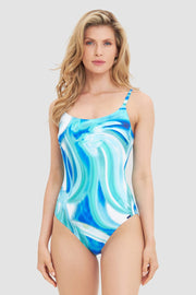 Frontalbild von Bügel-Badeanzug im Batik-Style Meeresblau