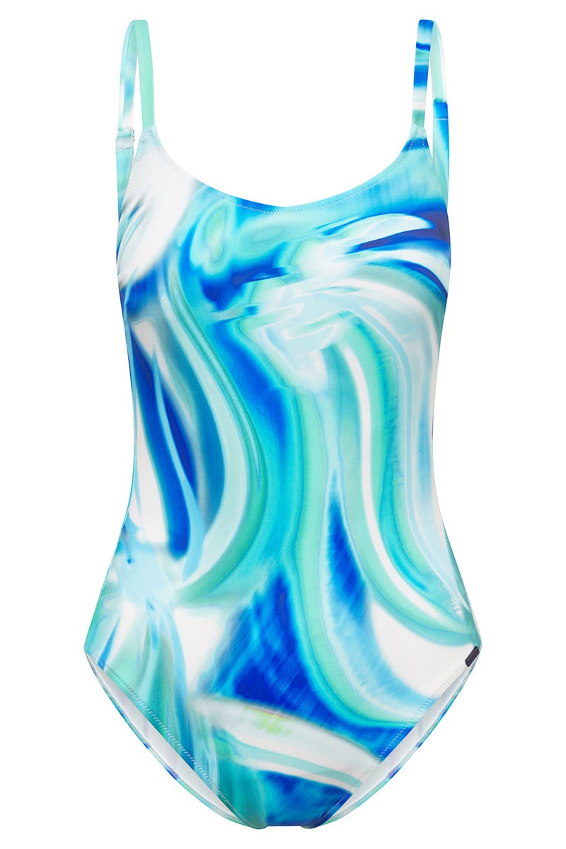 Hollowbild von Bügel-Badeanzug im Batik-Style Meeresblau