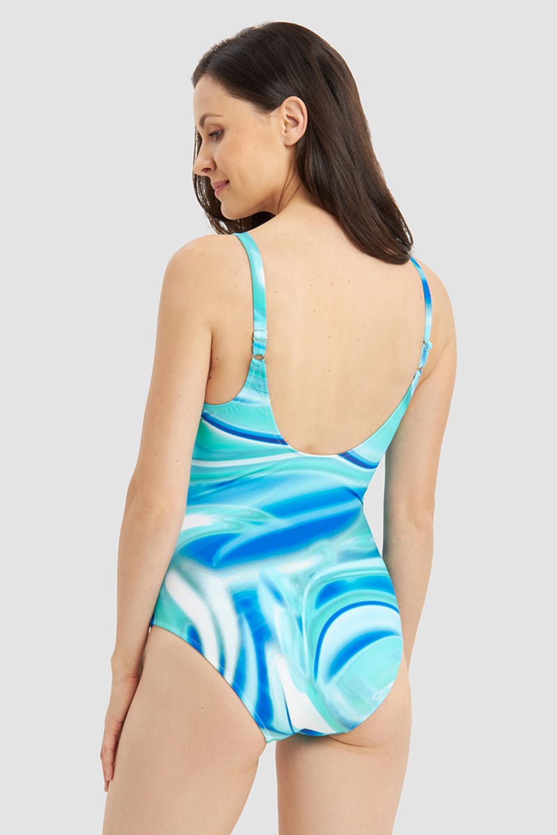 Rückansicht von Badeanzug im Batik-Style Meeresblau