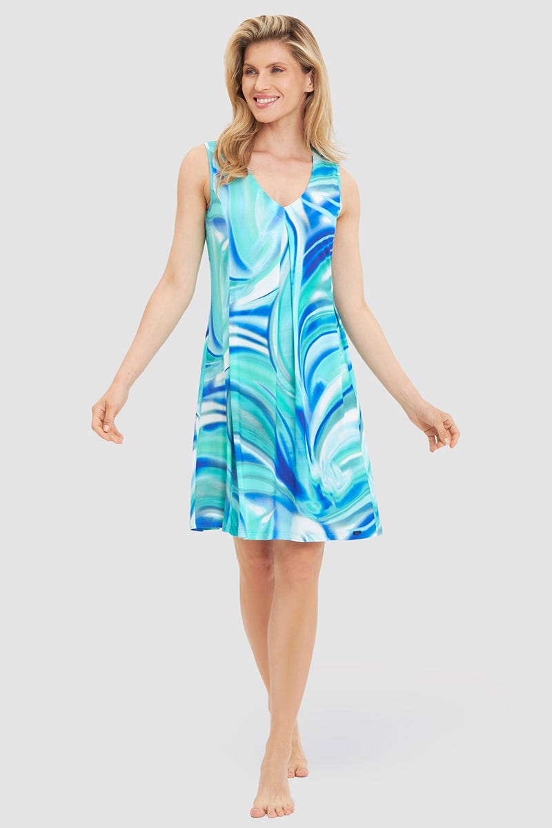 Frontalbild von Strandkleid Ärmellos im Batik-Style Meeresblau