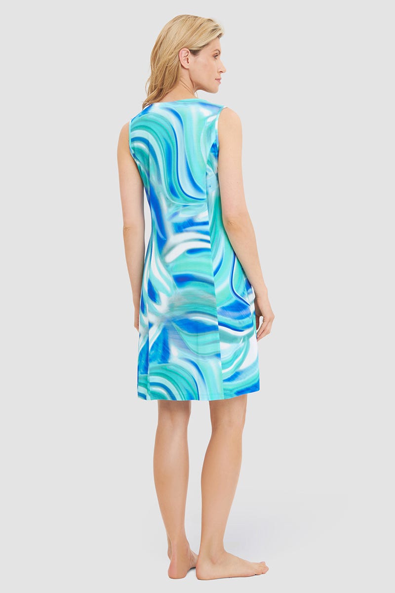 Rückansicht von Strandkleid Ärmellos im Batik-Style Meeresblau