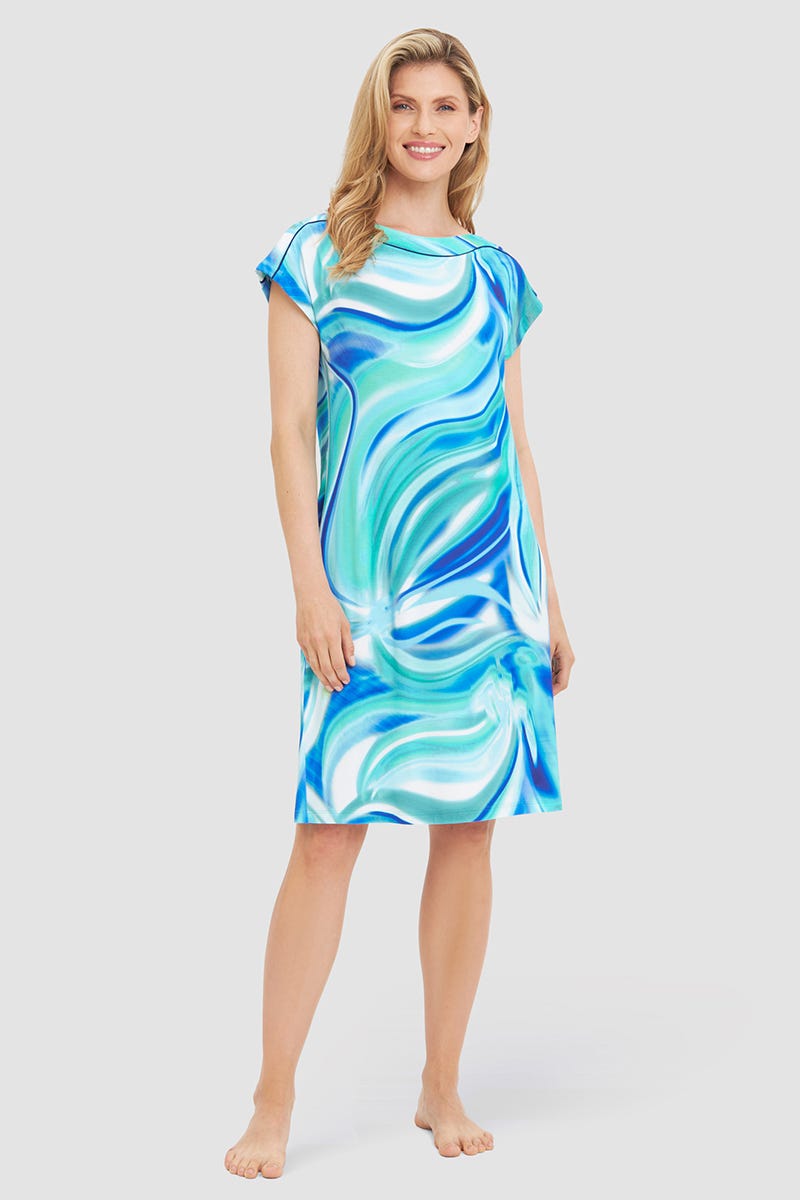 Frontalbild von Standkleid Kurzarm im Batik-Style Meeresblau