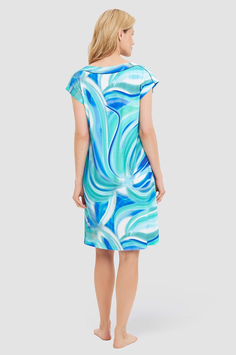 Rückansicht von Standkleid Kurzarm im Batik-Style Meeresblau