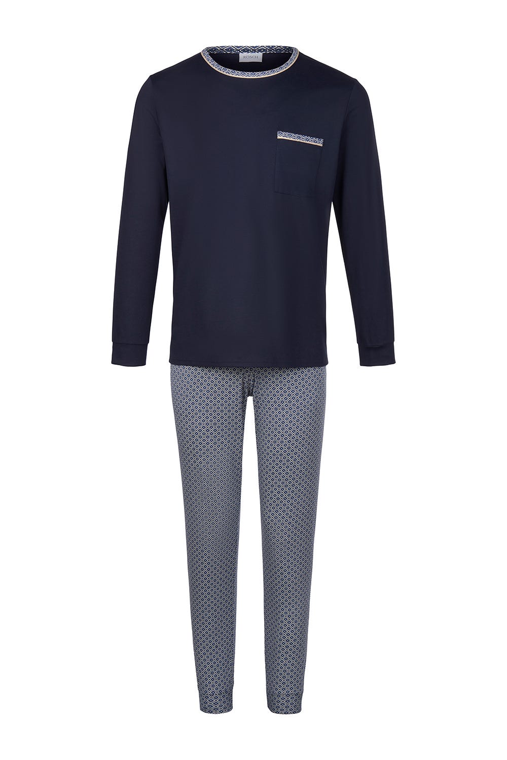 Frontalbild von Herren Pyjama mit Minimalprint Blau Raffungen Paspeln 100% Baumwolle