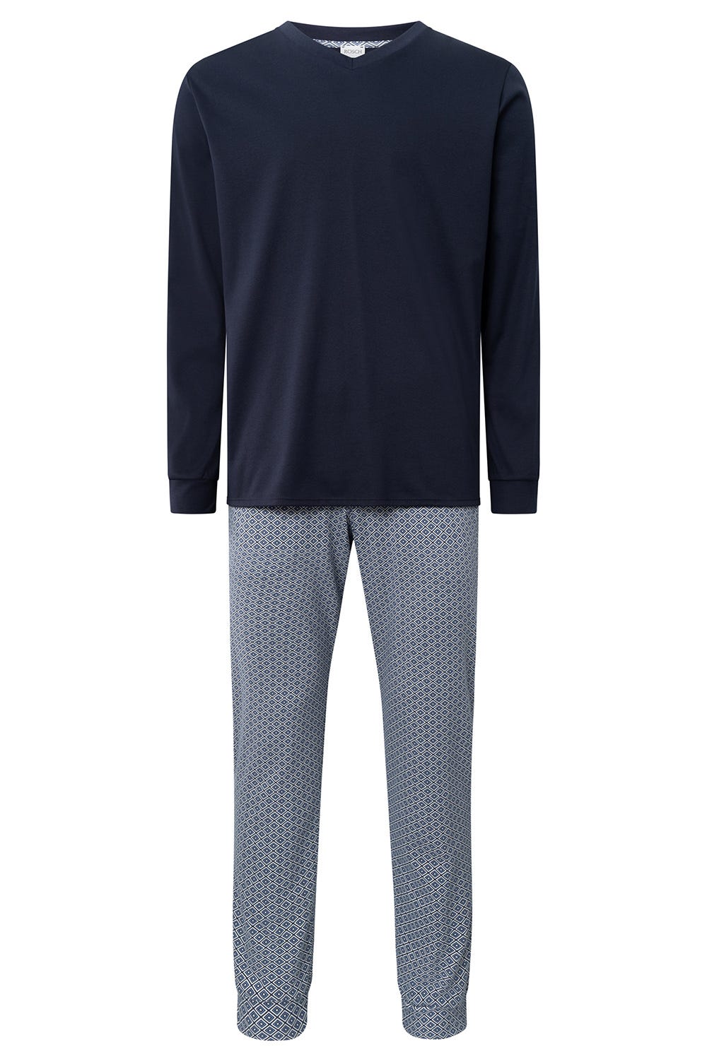 Hollowbild von Herren Langer Pyjama mit Minimalprint Blau V-Ausschnitt 100% Baumwolle