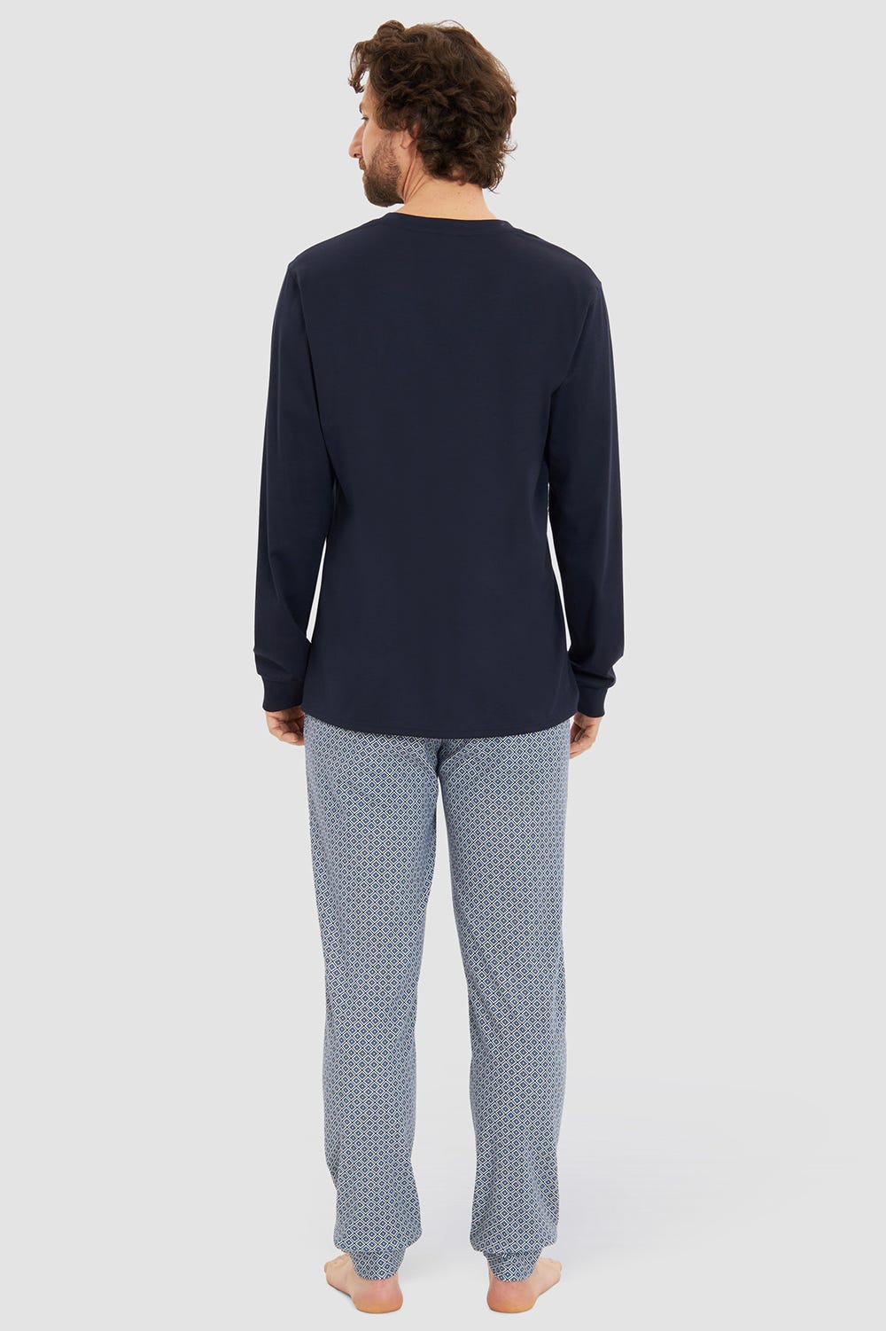 Rückansicht von Herren Langer Pyjama mit Minimalprint Blau V-Ausschnitt 100% Baumwolle