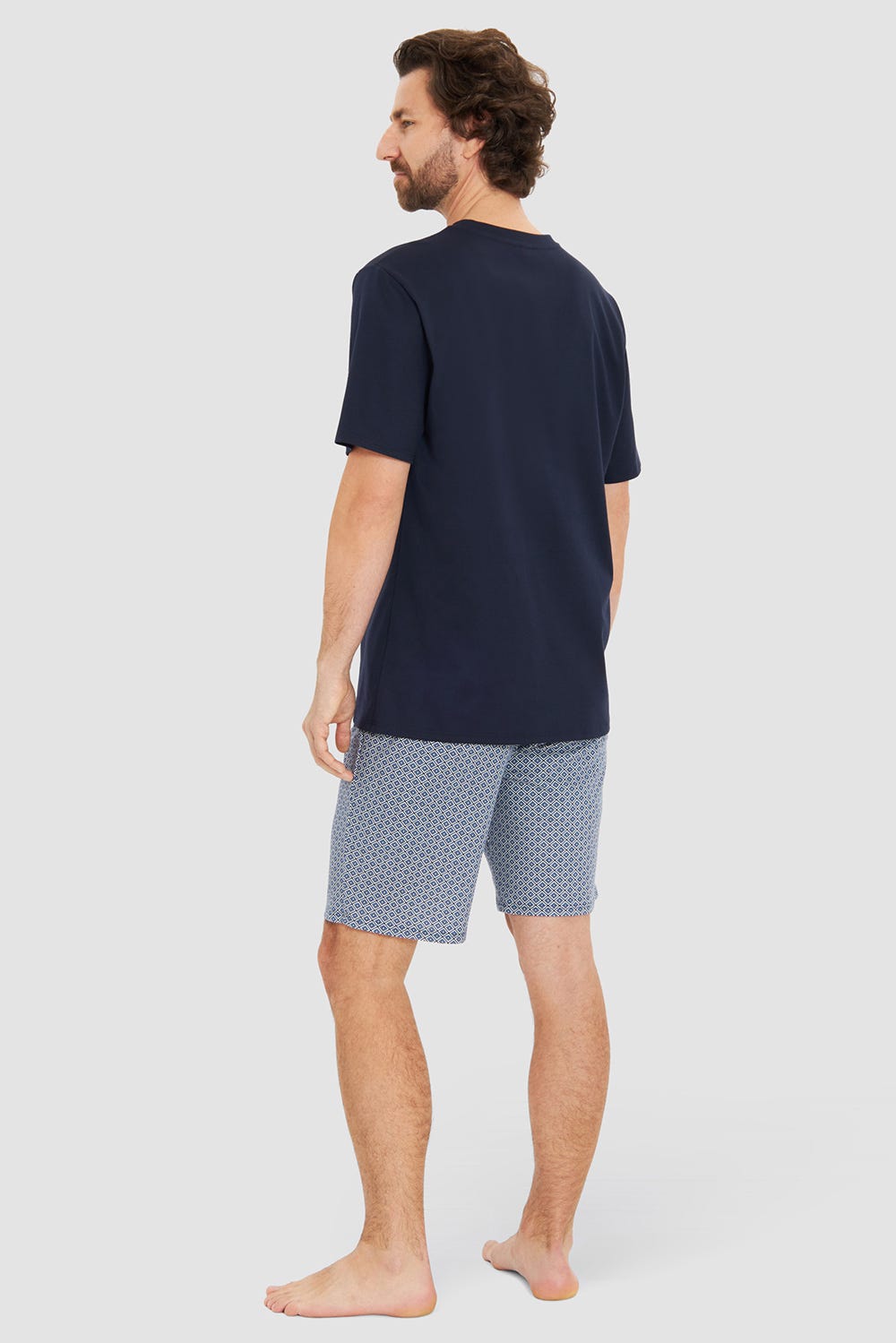Rückansicht von Herren Kurzer Pyjama mit Minimalprint Blau Bermuda V-Ausschnitt 100% Baumwolle
