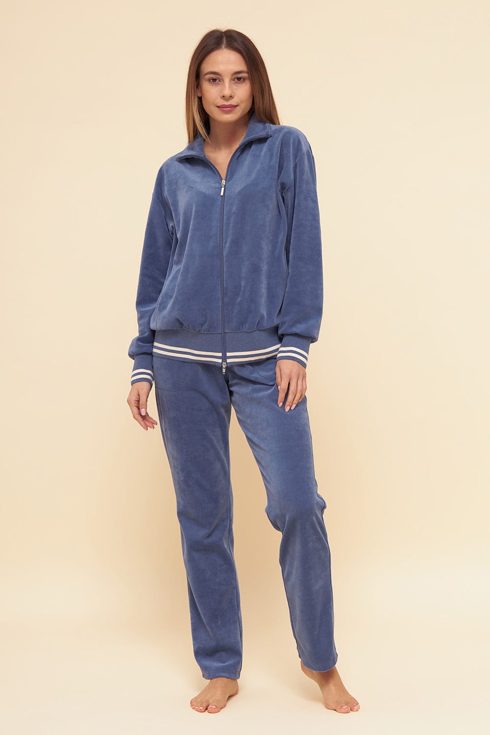 Frontalbild von Hausanzug aus Nicki Blouson-Style sportive Streifen Stickbündchen Baumwolle/Polyester