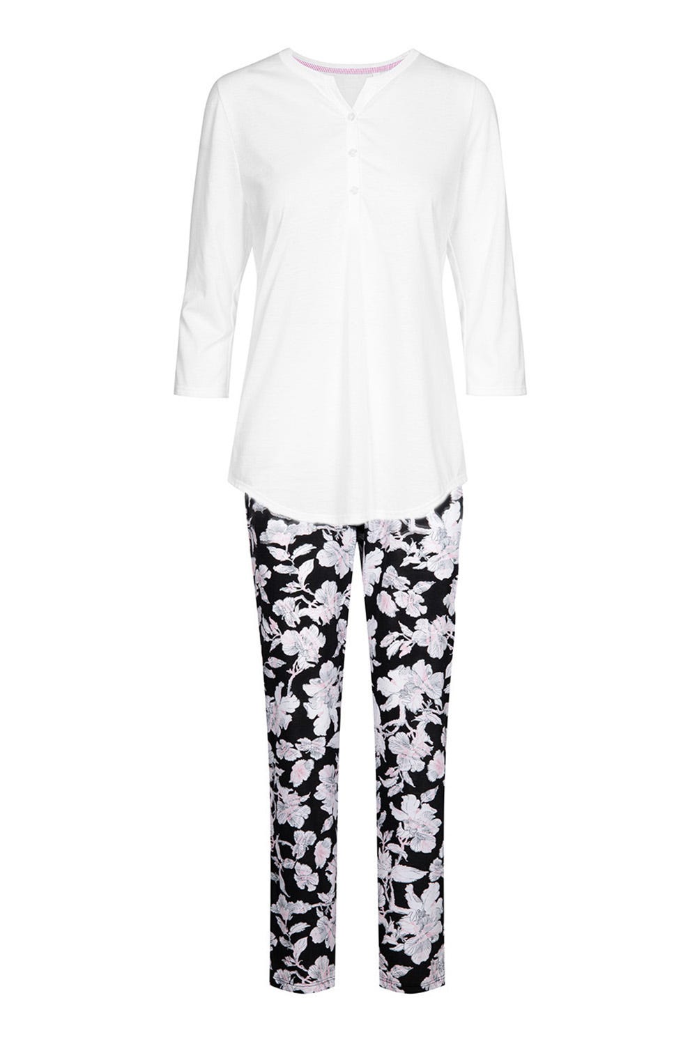 Hollowbild von Pyjama mit Blumendruck Basic Shirt Knopfleiste lange Hose Zierschleife 100% Baumwolle
