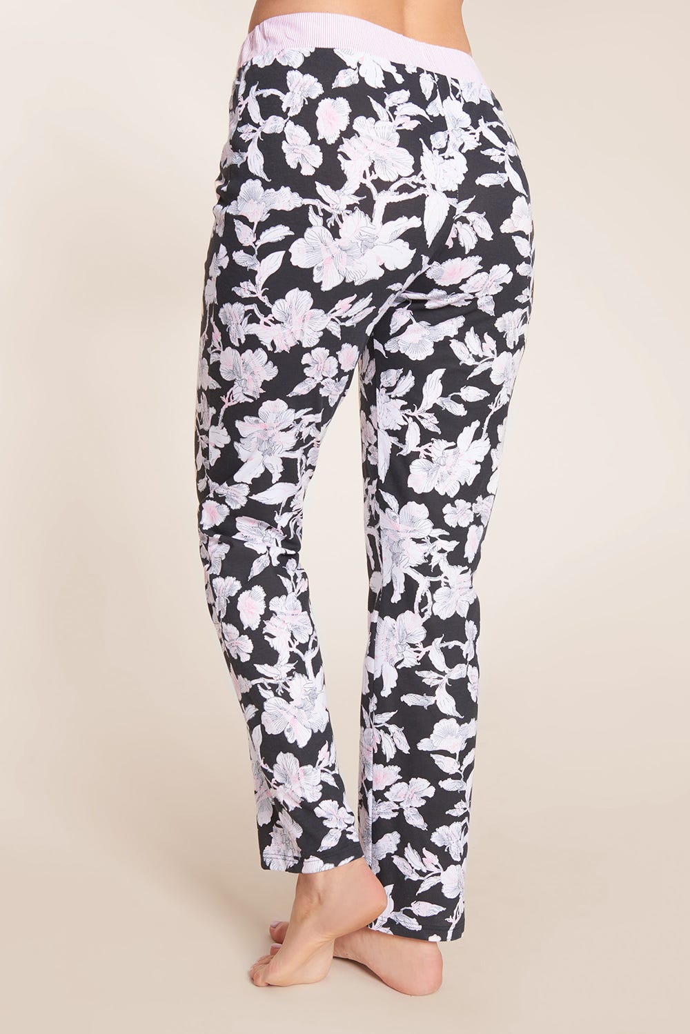 Detailbild 1 von Pyjama mit Blumendruck Basic Shirt Knopfleiste lange Hose Zierschleife 100% Baumwolle