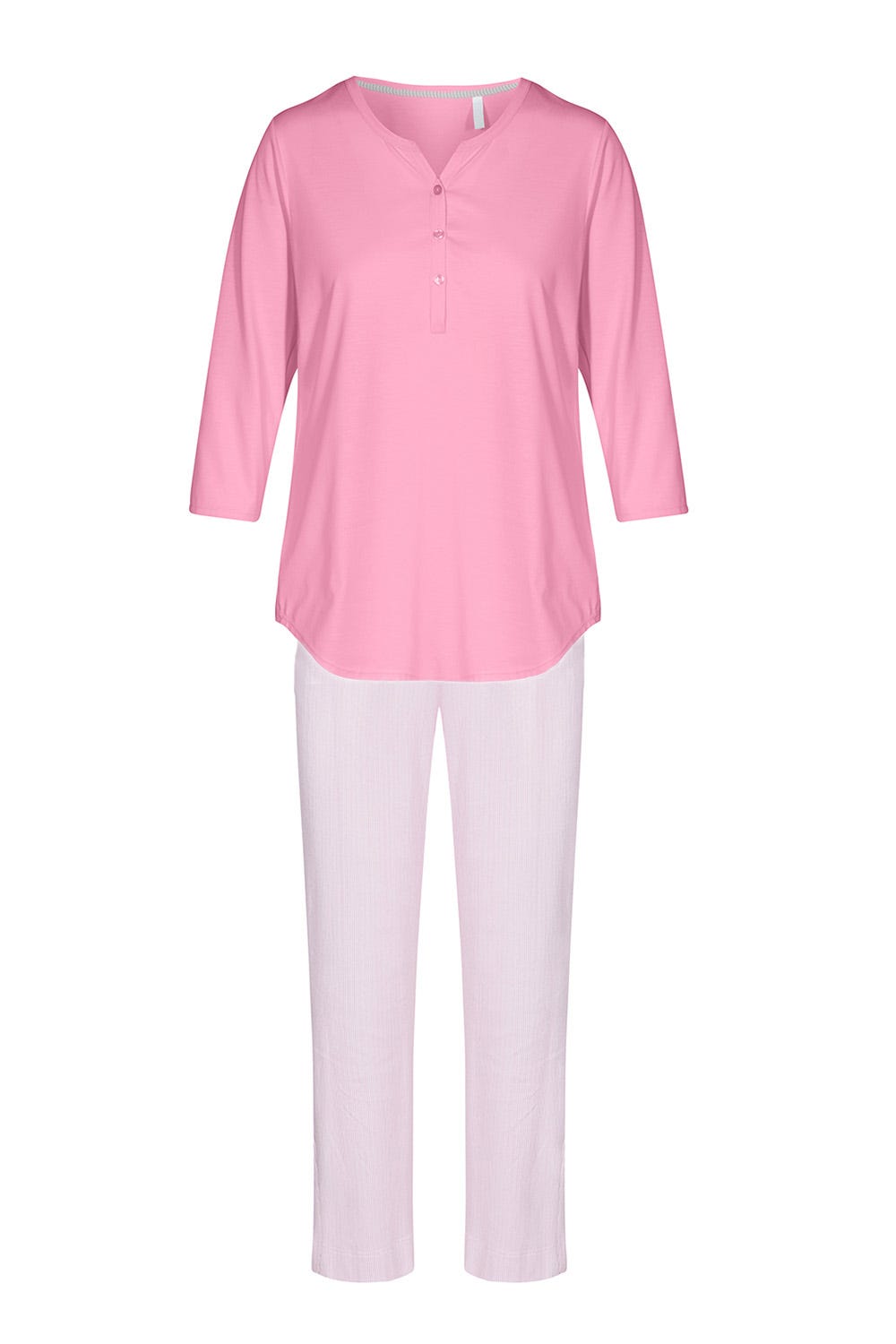 Hollowbild von Pyjama in Rosa 7/8-Hose im Streifenprint Zierschleife Knopfleiste 100% Baumwolle