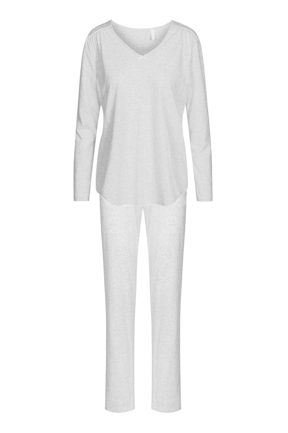 Hollowbild von Pyjama lang in Graumelange Spitzeneinsätze Zierschleife Raffungen 100% Baumwolle 