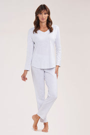 Frontalbild von Pyjama lang in Graumelange Spitzeneinsätze Zierschleife Raffungen 100% Baumwolle 