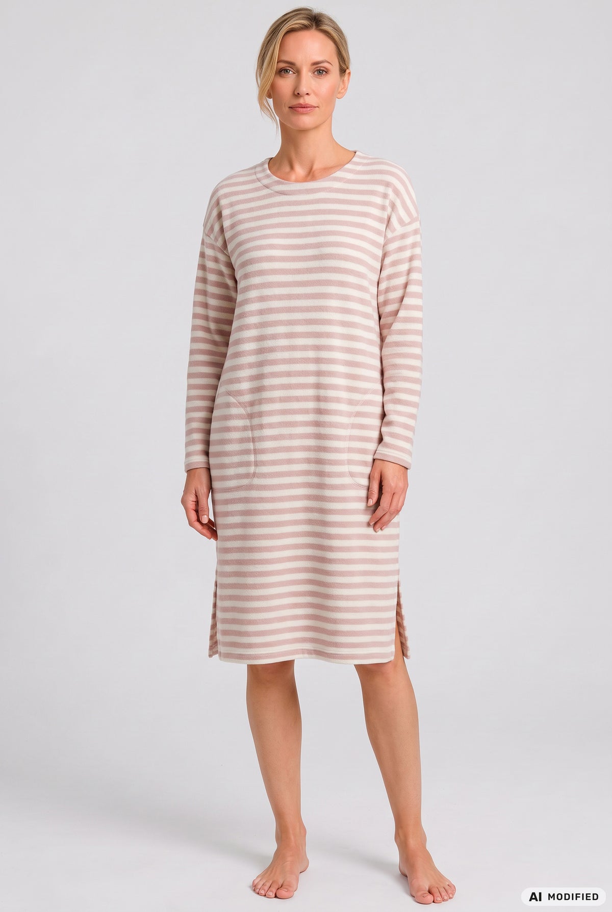 Rösch Hauskleid Knielang, Strick mit Streifenmuster