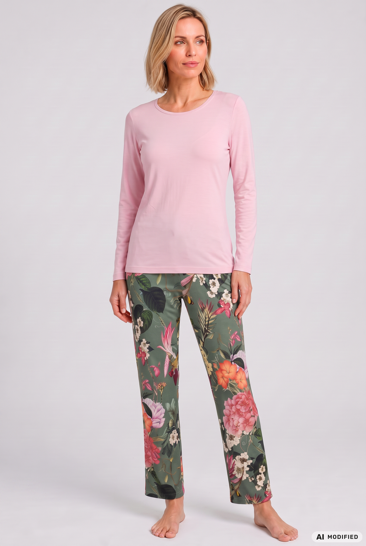 Rösch Pyjama Lang, Rosa mit Floralprint