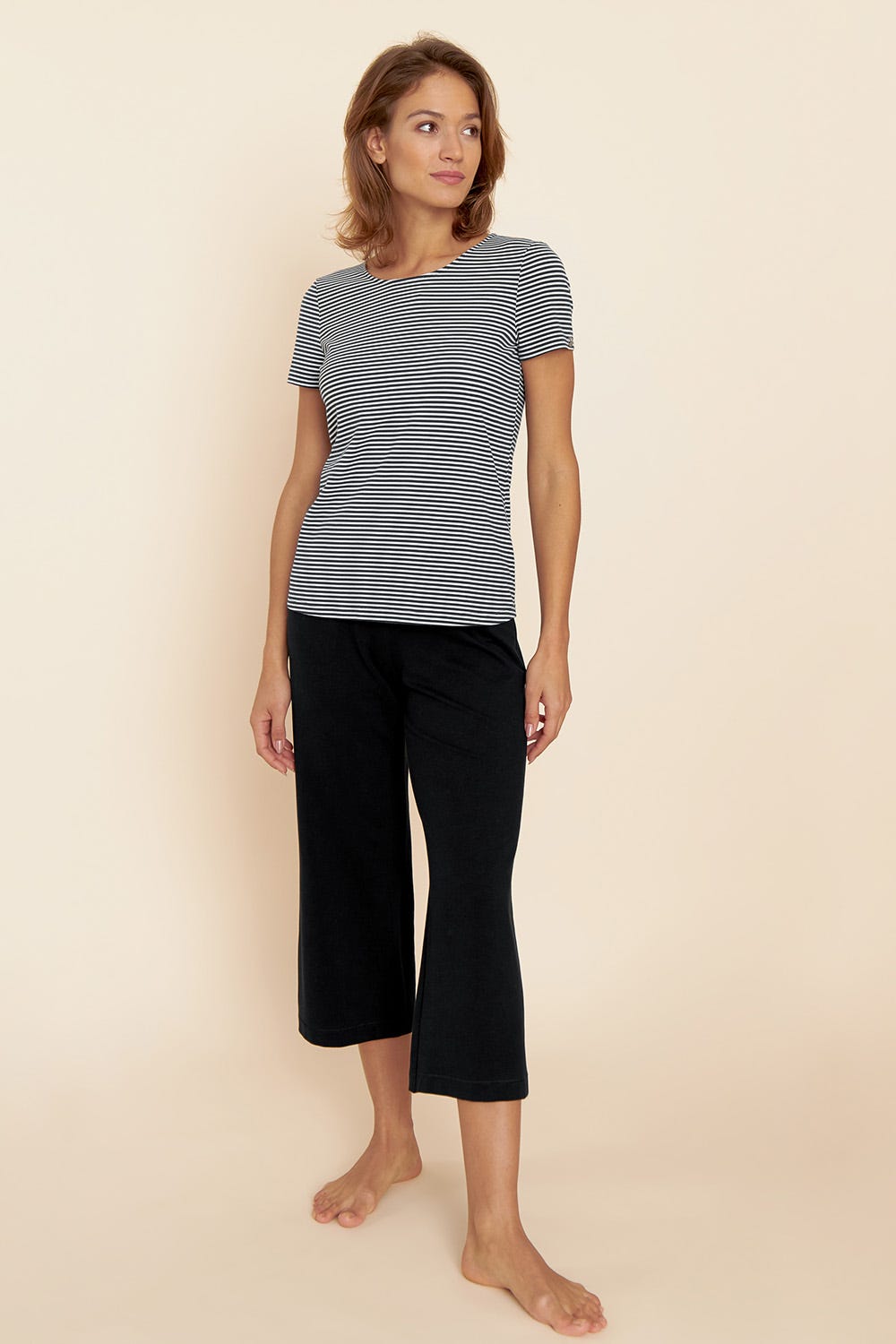 Detailbild 1 von 7/8-Hose mit weitem Bein Culotte-Stil Elastisch Schwarz Materialmix