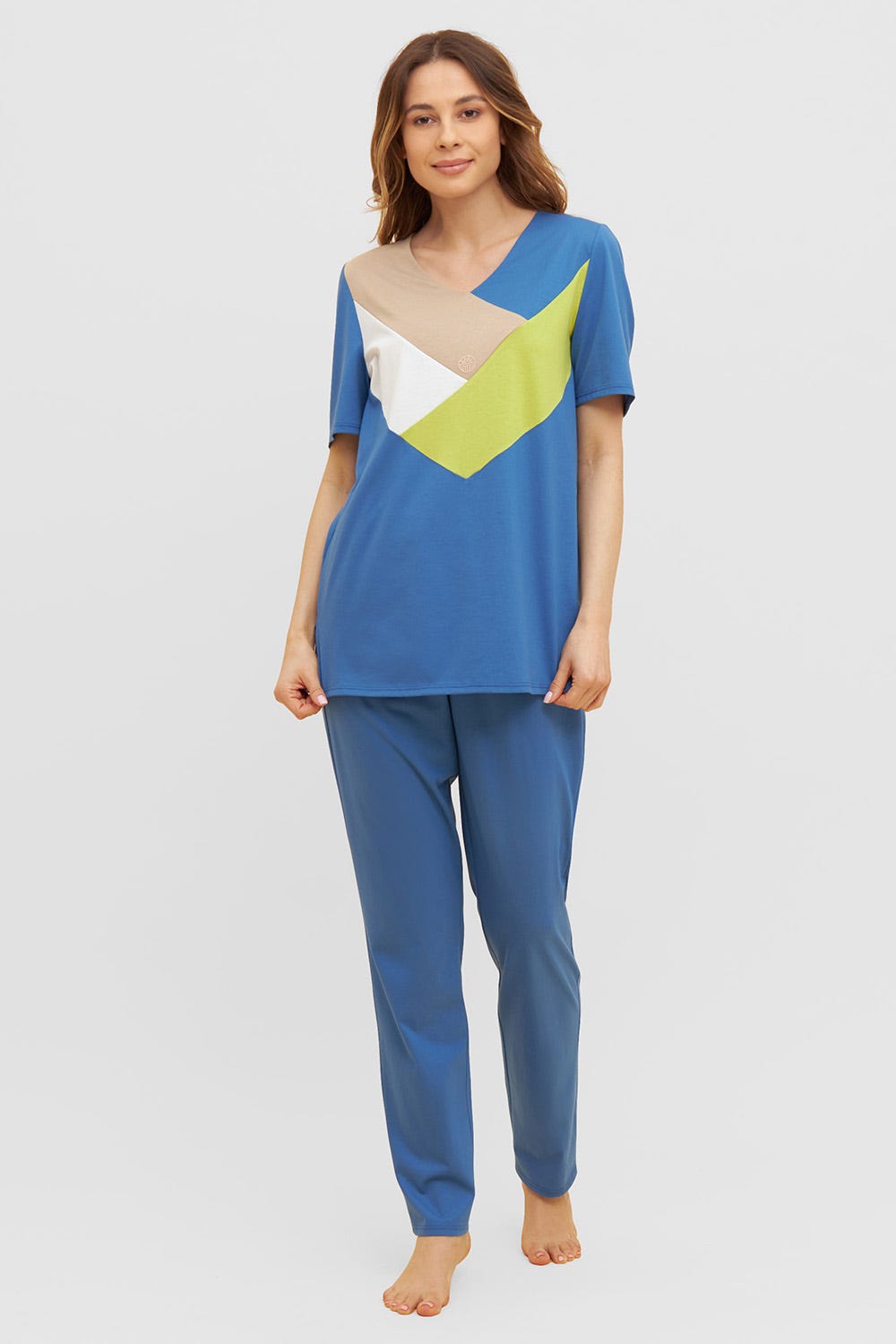 Frontalbild von Pyjama mit Colourblocking-Effekt V-Ausschnitt 100% Baumwolle