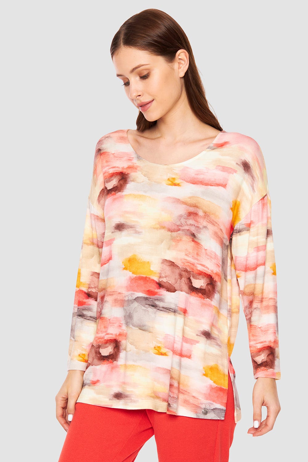 Frontalbild von Langarm-Shirt im Aquarell-Druck Strick Materialmix