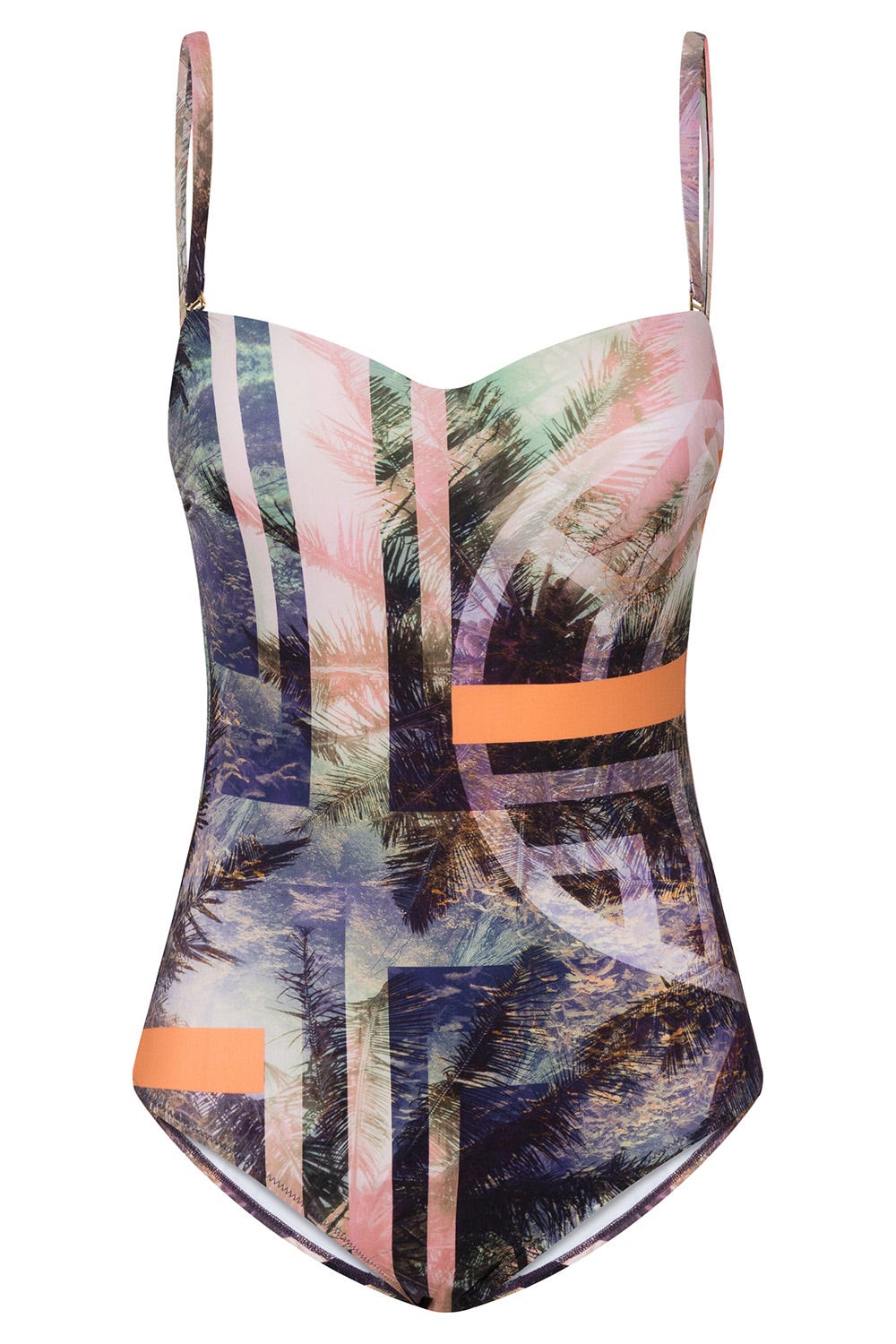 Hollowbild von Bandeau-Badeanzug im aufregenden Palmen-Druck Spacer-Cups Polyamid/Elasthan