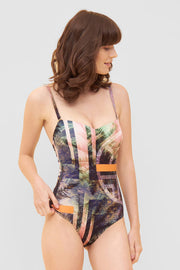 Frontalbild von Bandeau-Badeanzug im aufregenden Palmen-Druck Spacer-Cups Polyamid/Elasthan