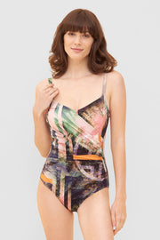 Frontalbild von Badeanzug im aufregenden Palmen-Druck Wickeloptik Polyamid/Elasthan