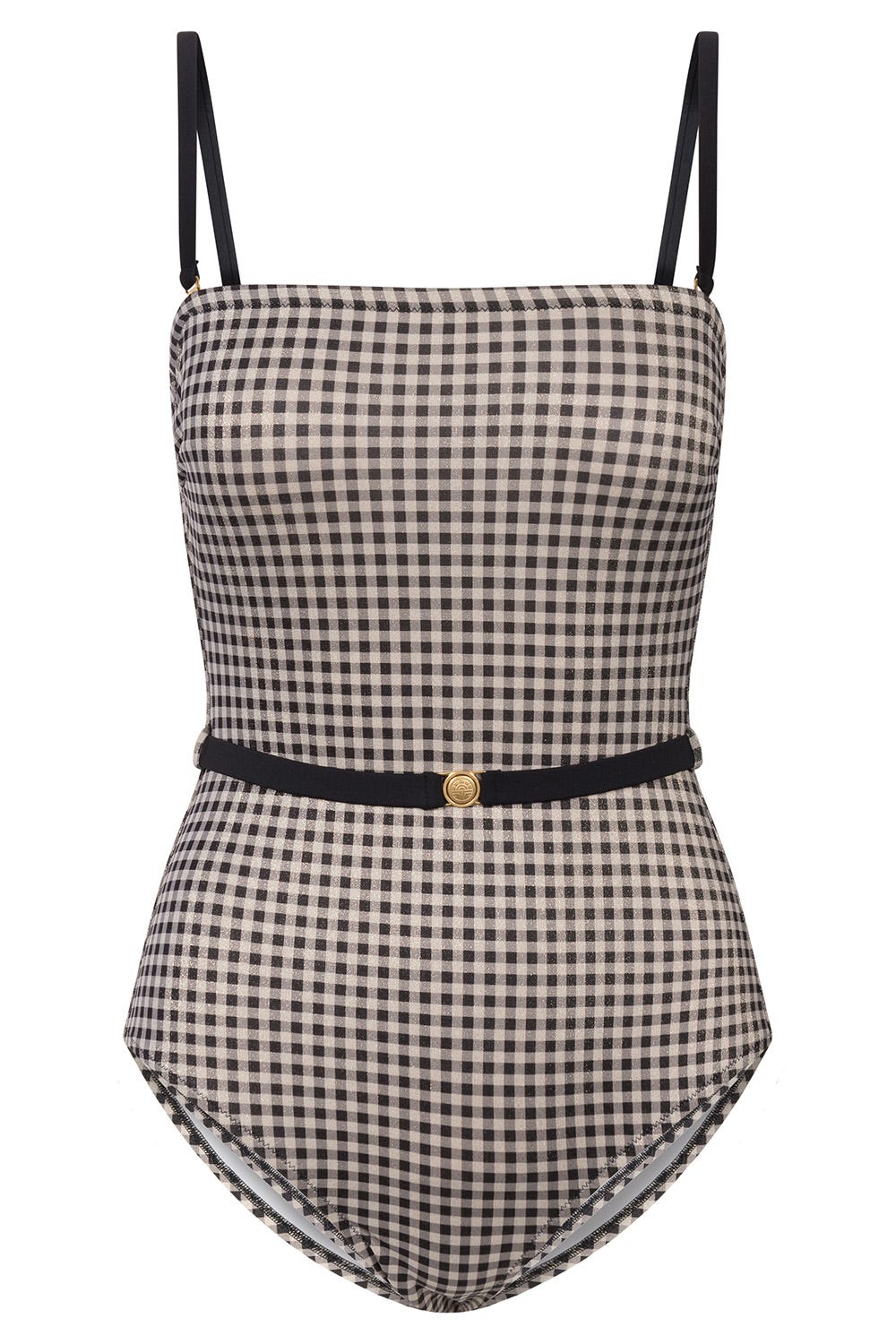 Hollowbild von Bandeau-Badeanzug im Retro Karo-Druck mit Schimmer-Effekt Ziergürtel Materialmix