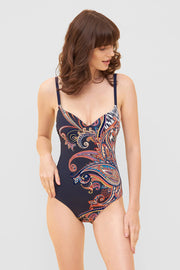 Frontalbild von Badeanzug im Paisley-Design Blau V-Ausschnitt Polyamid/Elasthan