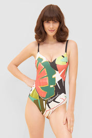 Frontalbild von Badeanzug im bunten Druck Schwarz Spacer-Cups Polyamid/Elasthan