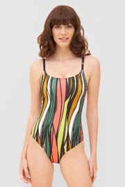 Frontalbild von Badeanzug im bunten Streifendruck Bügel Polyamid/Elasthan