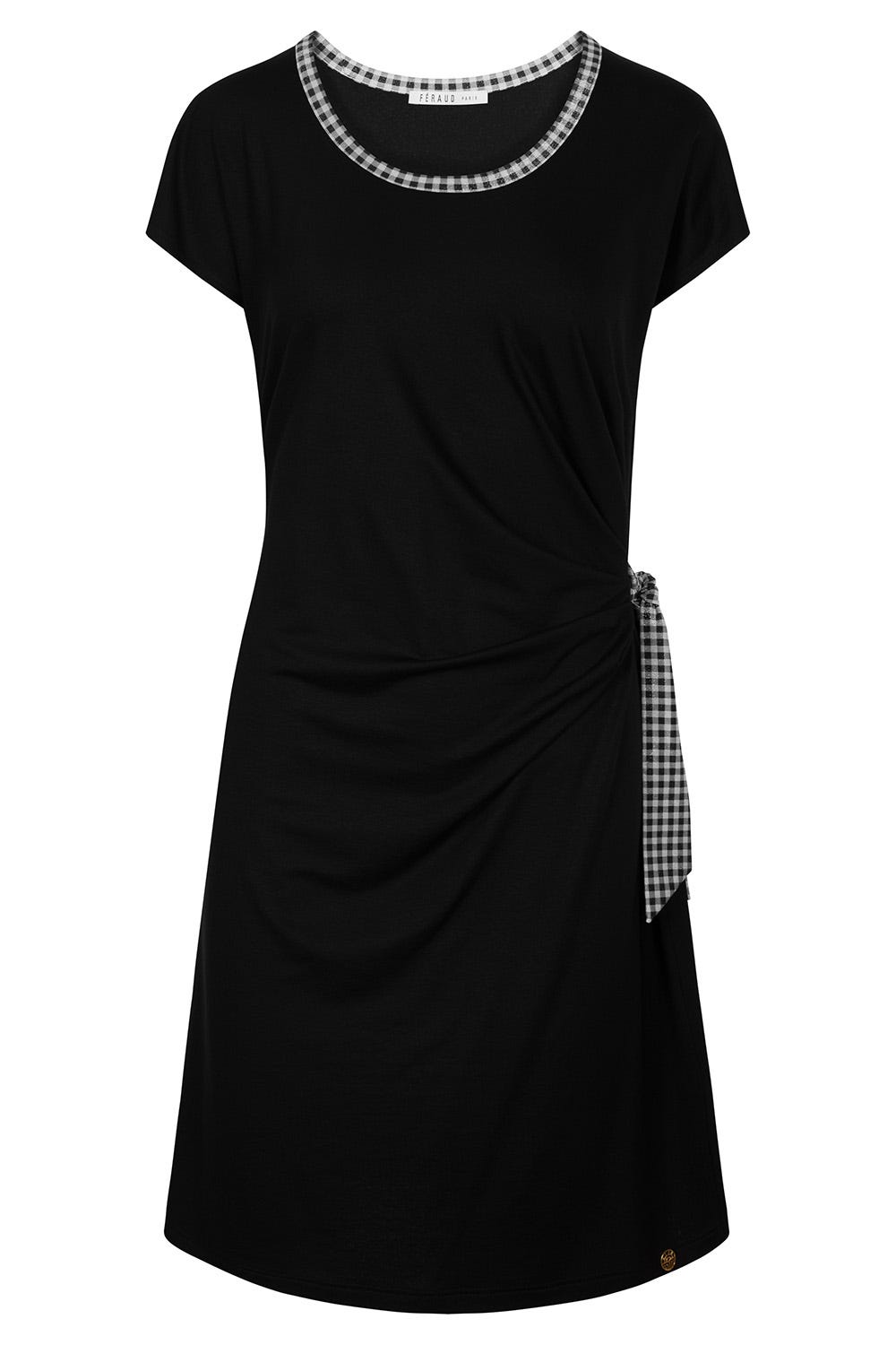 Hollowbild von Kleid mit seitlichem Bindeknoten im Karo-Druck Schwarz Viskose/Elasthan