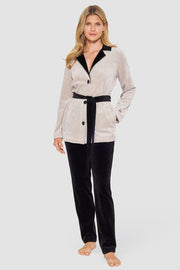 Frontalbild von Hausanzug in Greige-Schwarz aus Nicki geknöpft Baumwolle/Polyester