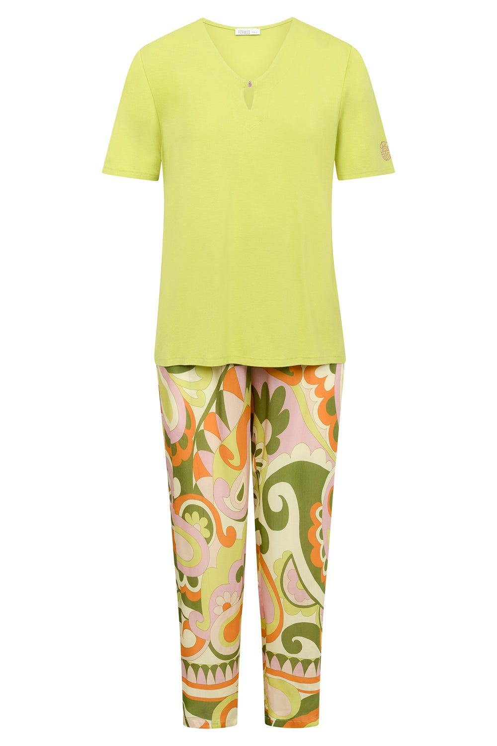 Hollowbild von Pyjama im sommerlichen Paisley-Druck Limettengrün Viskose/Seide