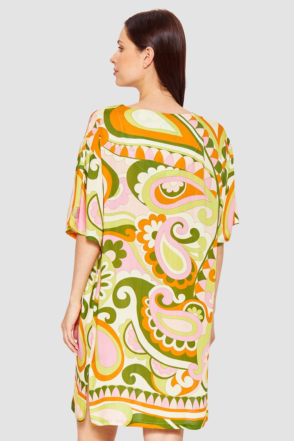Rückansicht von Nachthemd Kurzarm aus Webstoff im sommerlichen Paisley-Druck Limettengrün Viskose/Seide
