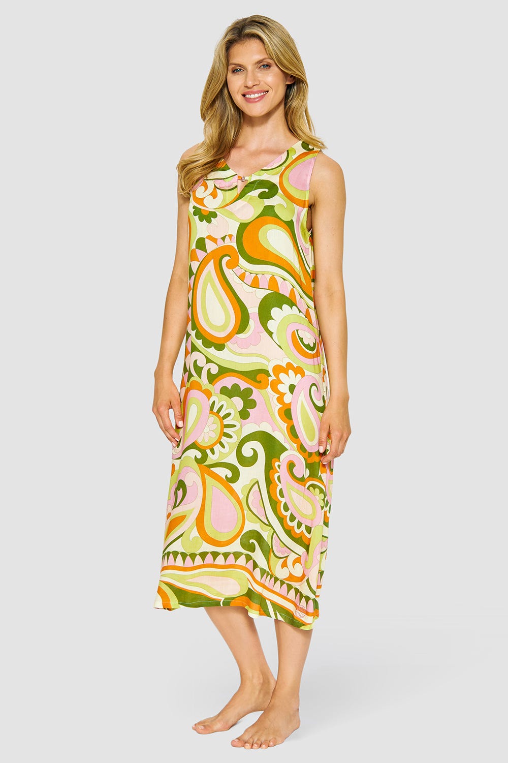 Frontalbild von Nachthemd Ärmellos aus Webstoff im sommerlichen Paisley-Druck Limettengrün Viskose/Seide