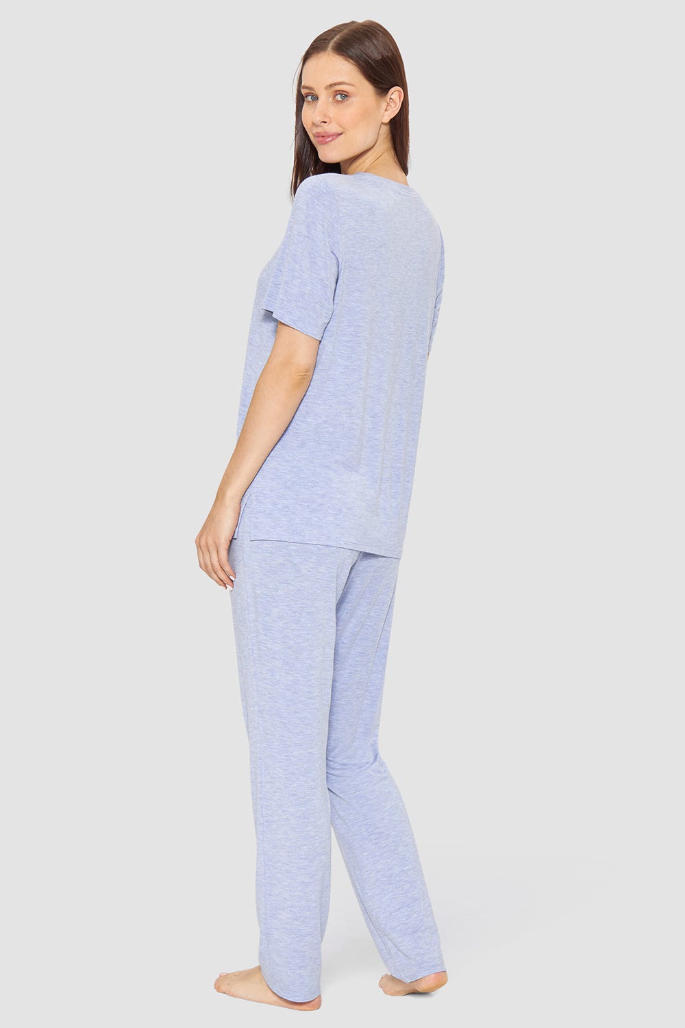 Rückansicht von Pyjama mit Logo-Stickerei Blau-Melange Modal/Elasthan