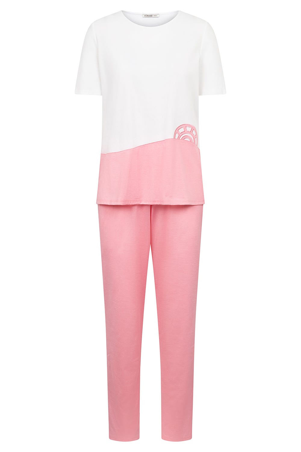 Hollowbild von Pyjama im Colourblocking-Style Weiß-Coralle 100% Baumwolle