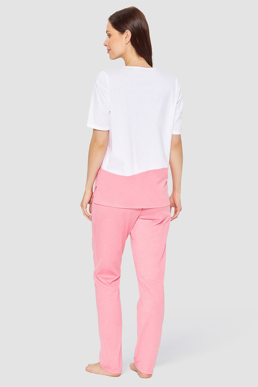 Rückansicht von Pyjama im Colourblocking-Style Weiß-Coralle 100% Baumwolle