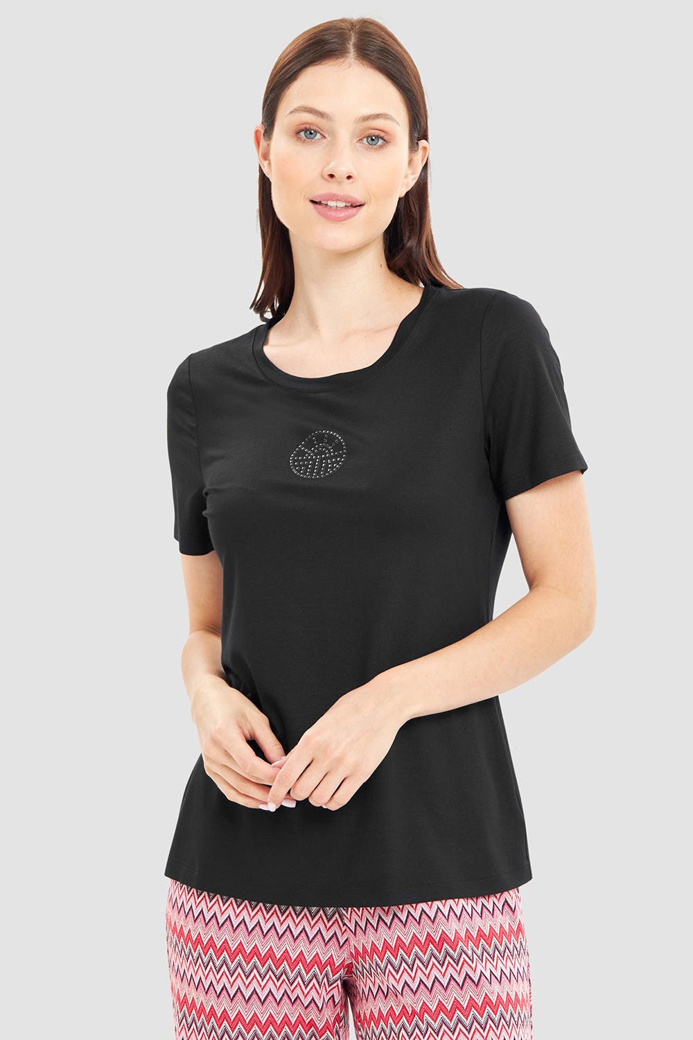 Frontalbild von T-Shirt mit Logodetail Strass Logo Viskose/Elasthan