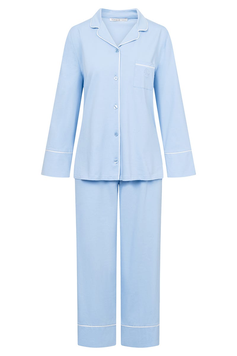 Hollowbild von Pyjama mit Kontrast-Pasplen im Herrenhemdstil Materialmix